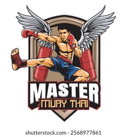 Vector Illustration of Muay Thai Fighter with Wings in Detailed Vector Illustration Available for Logo Badge