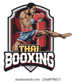 Vector Illustration of Muay Thai Fighter with Punching Bag in Detailed Vector Illustration Available for Logo Badge