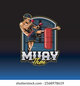 Vector Illustration of Muay Thai Fighter with Punching Bag in Detailed Vector Illustration Available for Logo Badge