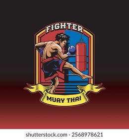 Vector Illustration of Muay Thai Fighter with Punching Bag in Detailed Vector Illustration Available for Logo Badge