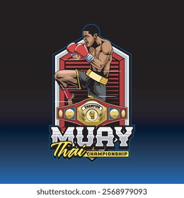 Vector Illustration of Muay Thai Fighter with Champion Belt in Detailed Vector Illustration Available for Logo Badge