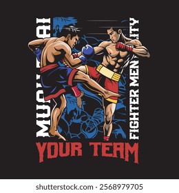 Vector Illustration of Muay Thai Fighter with Detailed Vector Illustration Available for Tshirt Design