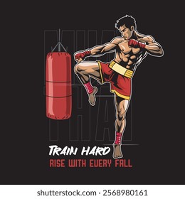 Vector Illustration of Muay Thai Fighter with Punching Bag in Detailed Vector Illustration Available for Tshirt Design