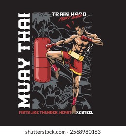 Vector Illustration of Muay Thai Fighter with Punching Bag in Detailed Vector Illustration Available for Tshirt Design