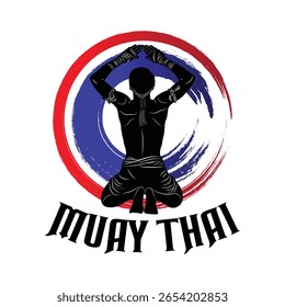 Vector illustration of a Muay Thai fighter performing Wai Khru with a red, white, and blue brush circle inspired by the Thai flag.