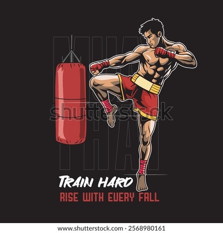 Vector Illustration of Muay Thai Fighter with Punching Bag in Detailed Vector Illustration Available for Tshirt Design