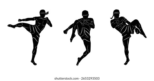 Ilustração vetorial de lutadores Muay Thai realizando técnicas dinâmicas de chute e guarda. Estilo de silhueta preto isolado.