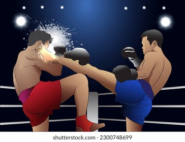 Vector illustration Muay Thai fighting on the ring.
