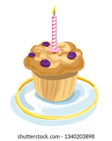 Vector illustration of muffin as birthday cake with burning candle isolated on white background