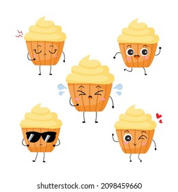 Vector illustration of muffin character with funny expression. Cupcakes. cartoon monster isolated on white background, simple minimal style, for mascot or emoticon collection. cute set