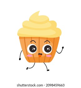 Ilustración vectorial del personaje de muffin con expresión divertida. Pasteles. monstruo de dibujos animados aislado en fondo blanco, estilo simple mínimo, para colección de mascotas o emoticonos. pasear