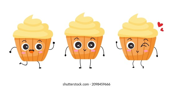 Vector illustration of muffin character with funny expression. Cupcakes. cartoon monster isolated on white background, simple minimal style, for mascot or emoticon collection. adorable set
