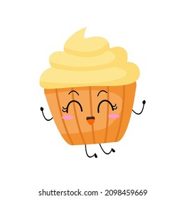 Ilustración vectorial del personaje de muffin con expresión divertida. Pasteles. monstruo de dibujos animados aislado en fondo blanco, estilo simple mínimo, para colección de mascotas o emoticonos. encantador, saltar, feliz