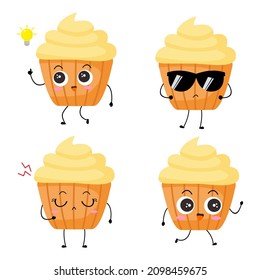 Vector illustration of muffin character with funny expression. Cupcakes. cartoon monster isolated on white background, simple minimal style, for mascot or emoticon collection. four adorable set
