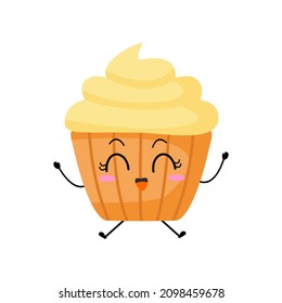 Vector illustration of muffin character with funny expression. Cupcakes. cartoon monster isolated on white background, simple minimal style, for mascot or emoticon collection. jump and happy