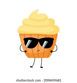 Vector illustration of muffin character with funny expression. Cupcakes. cartoon monster isolated on white background, simple minimal style, for mascot or emoticon collection. cool, sunglases