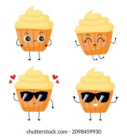 Vector illustration of muffin character with funny expression. Cupcakes. cartoon monster isolated on white background, simple minimal style, for mascot or emoticon collection. lovely set