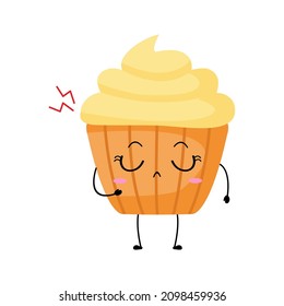 Ilustración vectorial del personaje de muffin con expresión divertida. Pasteles. monstruo de dibujos animados aislado en fondo blanco, estilo simple mínimo, para colección de mascotas o emoticonos. lindo, triste