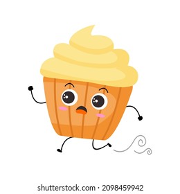 Ilustración vectorial del personaje de muffin con expresión divertida. Pasteles. monstruo de dibujos animados aislado en fondo blanco, estilo simple mínimo, para colección de mascotas o emoticonos. fuga de pánico