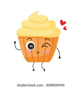 Vector illustration of muffin character with funny expression. Cupcakes. cartoon monster isolated on white background, simple minimal style, for mascot or emoticon collection. lovely wink