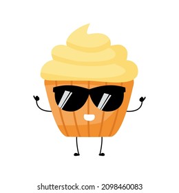 Ilustración vectorial del personaje de muffin con expresión divertida. Pasteles. monstruo de dibujos animados aislado en fondo blanco, estilo simple mínimo, para colección de mascotas o emoticonos. miniaturas hacia arriba