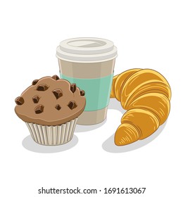 Vector Illustration of Muffin Croissant and Paper Coffee Cup isolated on a white background