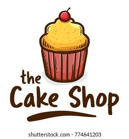 Vector illustration of muffin cupcake shop logo icon, with cherry on top