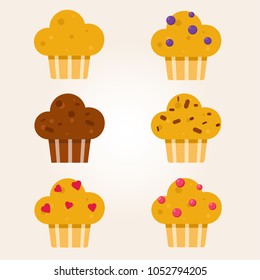 Vector illustration. Muffin icon set. Vanilla, raspberries, chocolate, blueberry cupcakes