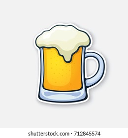  Ilustración vectorial. Una taza de cerveza con espuma. Vidrio de bebida alcohólica. Clásica bebida espuma de pubs y bares. Pegatina en estilo caricatura con contorno. Aislado sobre fondo blanco
