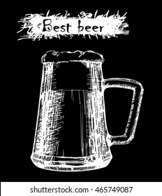 Vector illustration of a mug of beer. The word "best beer". Drawing hands on a dark background.