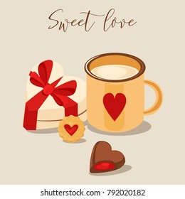 Vector Illustration. Mug Of  Cappuccino And Heart-shaped Chocolates, Cookie And Heart-shaped Sweet Box With Ribbon. Valentine's Day Card. Retro Style Color Poster. 