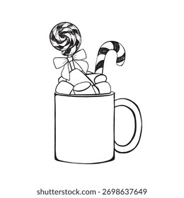 Ilustração vetorial com uma caneca de cacau e marshmallows, com pirulitos. Gráficos pretos e brancos com Natal festivo, doces de inverno são desenhados à mão. Para design de embalagens, cartões postais.