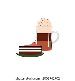 Vector illustration of a mug with a coffee drink and a piece of cake on a saucer.