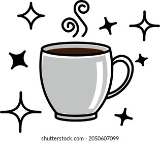 A vector illustration of a mug of coffee with shining elements around it