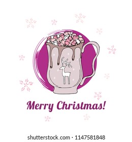 Vector illustration. A mug of hot cocoa with marshmallow, a mug depicts a deer on a mug. Mug on a background of a lilac circle of a smear painted. Suitable for postcards, cards, prints.