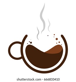 Vector illustration. Mug of hot coffee with steam. Logo.