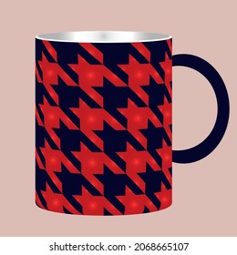 Vector illustration of a mug with pied-de-poule, houndstooth pattern. Red and blue houndstooth pattern. 