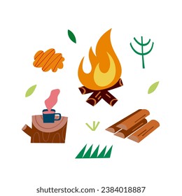 Ilustración vectorial con una taza de té, una hoguera y leña. Esparcimiento al aire libre.