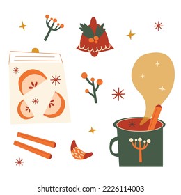 vector illustration of a mug of tea, cinnamon, gingerbread, herbs and a jar of apple jam.  isolated christmas elements.