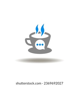 Vector illustration of mug tea or coffee with speech bubble. Icon of conversation over negotiation. Symbol coffee shop. Sign of tea time.