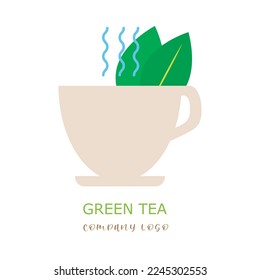 Vector illustration of a mug of tea with leaves. Logo for a coffee shop
