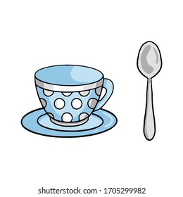 Vector illustration of a mug and teaspoon. Hand-drawn kitchen item for design. Tea party set.