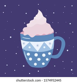 Vector illustration mug with winter drink with cream, cute mug, eggnog with cream on blue background with snowflakes