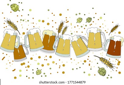 vector illustration from mugs of beer,wheat spikelets and hop cones on background of splashes,border,doodle