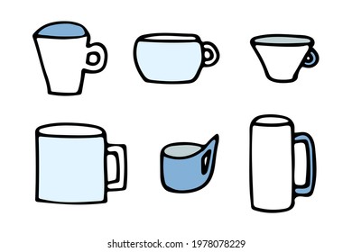 Vector illustration of mugs of different shapes in doodle style. Icons can be used to illustrate cafe menu, kitchen decor, prints, textiles.