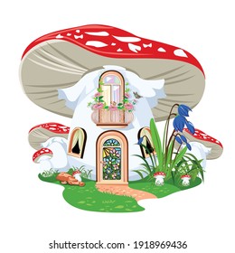 Vector illustration of a muhamor mushroom house in with a balcony, door and windows in a mushroom meadow. Fairy tale illustration isolated on white background.