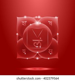 Vector illustration muladhara. Chakra glossy icon . The concept of red root chakra for design at India stile.