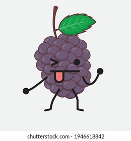 Ilustración vectorial del personaje de la fruta de la mora con cara linda, manos simples y líneas de la pierna en fondo aislado. Estilo de dibujo animado plano.