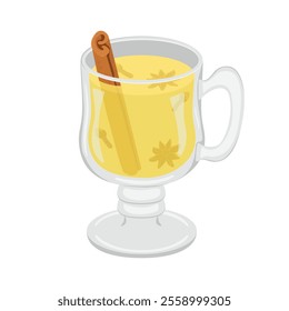 Vector illustration of mulled white wine in glass mug. Image of alcoholic cocktail of wine with anise, cinnamon and citrus. Logo and icon for coffee shop isolated on white background