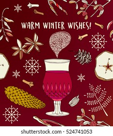 Vector illustration with mulled wine. Can be greeting card, invitation, and design element.